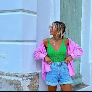 Zara 2 Piece Green Crop Top & Knit Cardigan Set